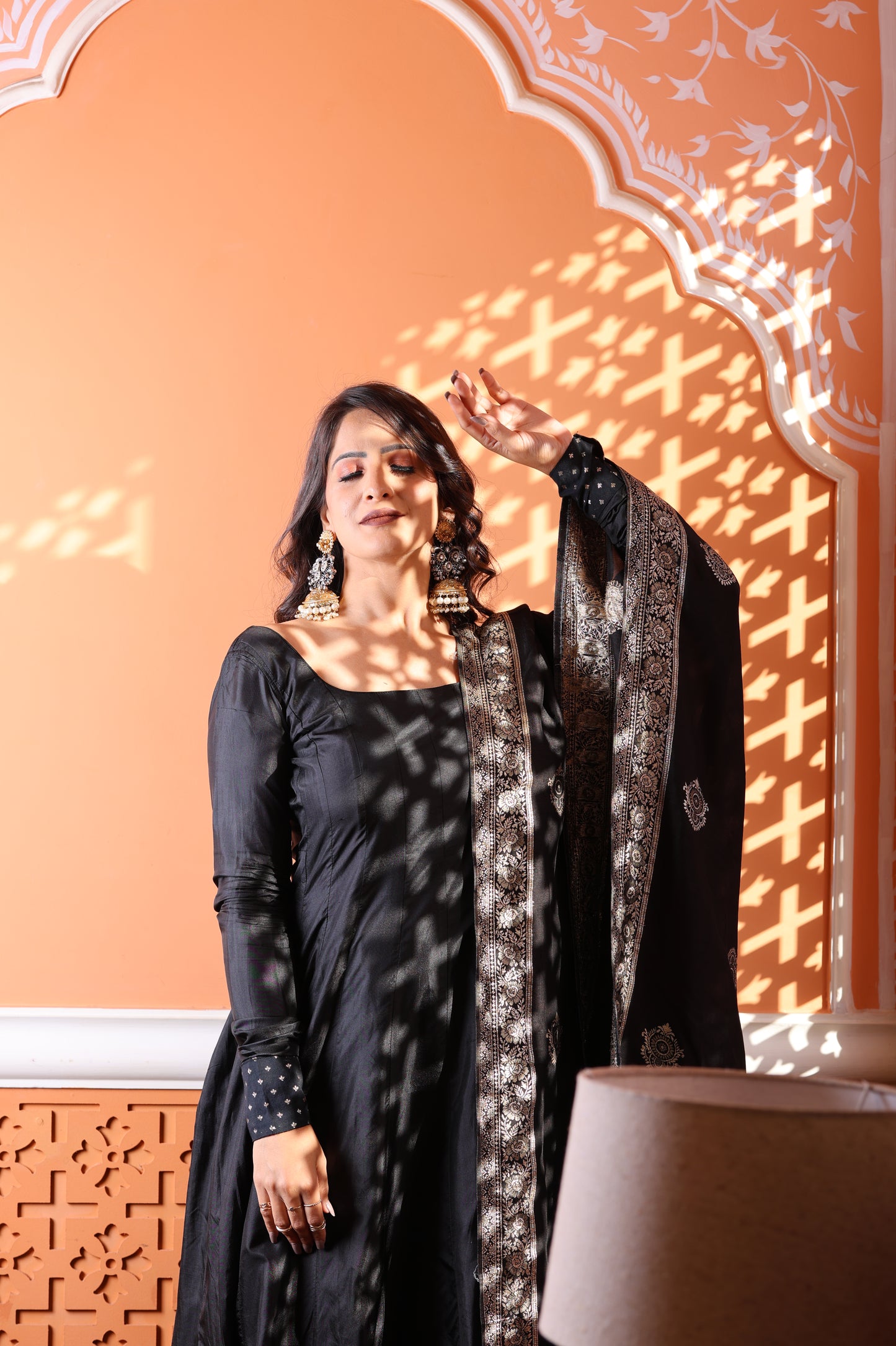Kaashi Pure Silk Anarkali With Banarasi Dupatta - Black with Golden Zari Border