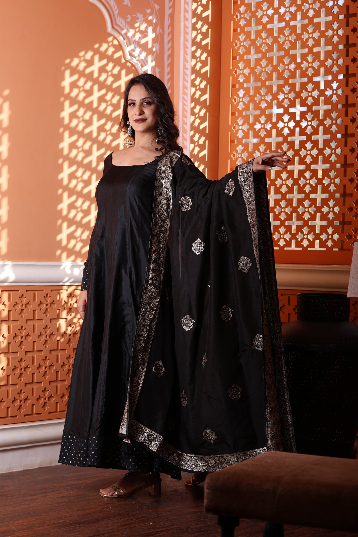 Kaashi Pure Silk Anarkali With Banarasi Dupatta - Black with Golden Zari Border