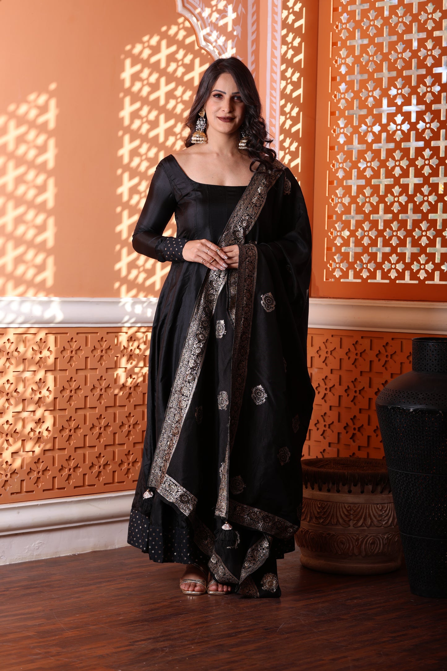 Kaashi Pure Silk Anarkali With Banarasi Dupatta - Black with Golden Zari Border