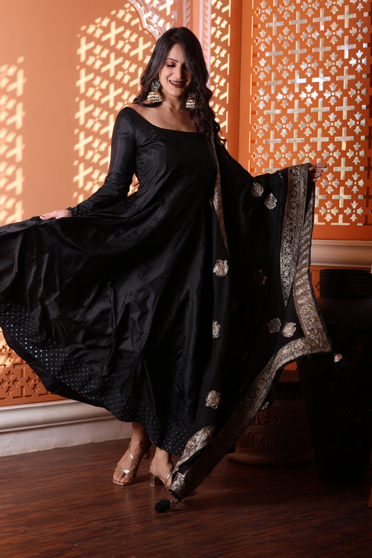 Kaashi Pure Silk Anarkali With Banarasi Dupatta - Black with Golden Zari Border
