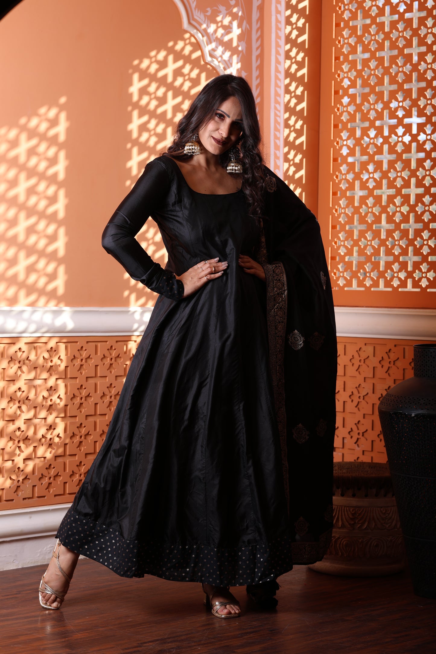 Kaashi Pure Silk Anarkali With Banarasi Dupatta - Black with Golden Zari Border