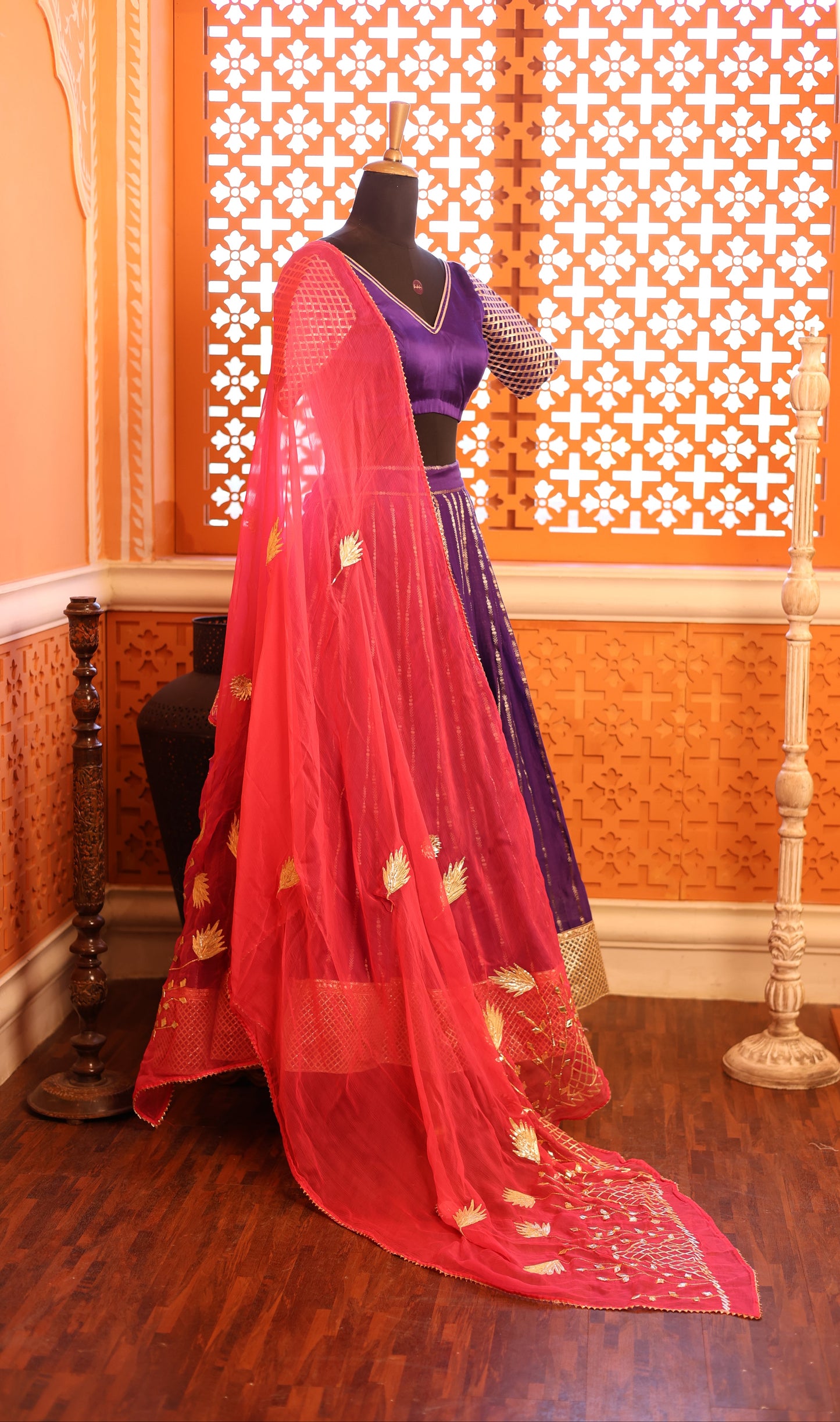 Deep Purple Chanderi Silk Lehenga with Fuchia Pink Dupatta
