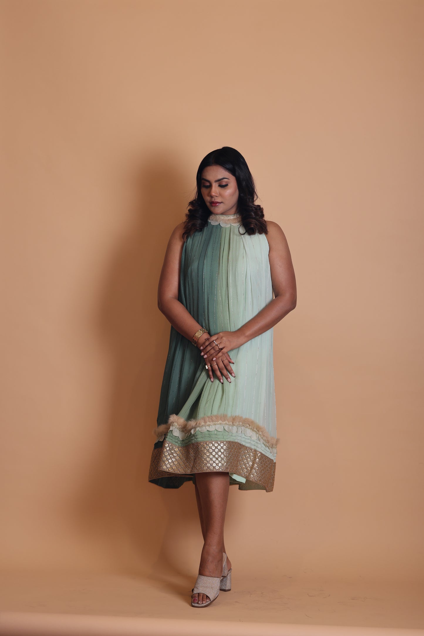 Halter Neck Pleated Knee-Length One Piece Dress in Olive Green Ombre