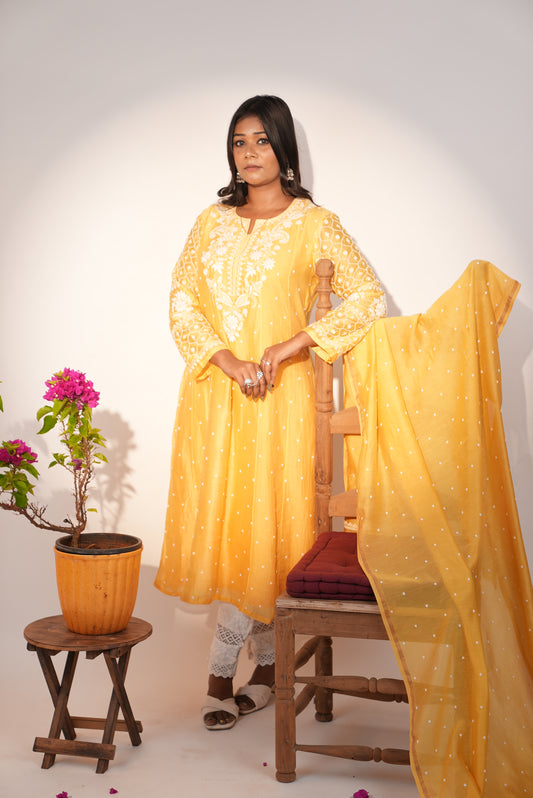 Premium Yellow Chikankari Anarkali Set