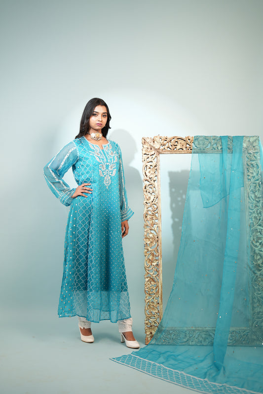 Premium Lucknowi Aarkali Suit in Pure Organza Silk Turquoise Blue