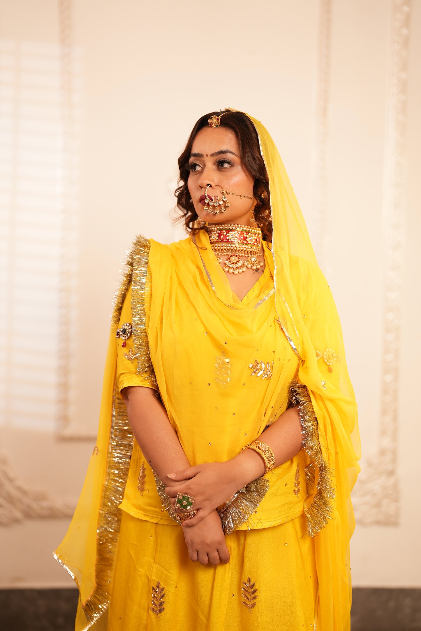 Rajput Poshak in Silk and Pure Chiffon - Yellow