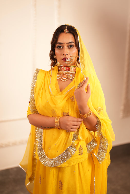 Rajput Poshak in Silk and Pure Chiffon - Yellow
