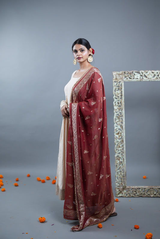 Kaashi Pure Silk Anarkali With Banarasi Dupatta - Ivory Anarkali with Maroon Dupatta