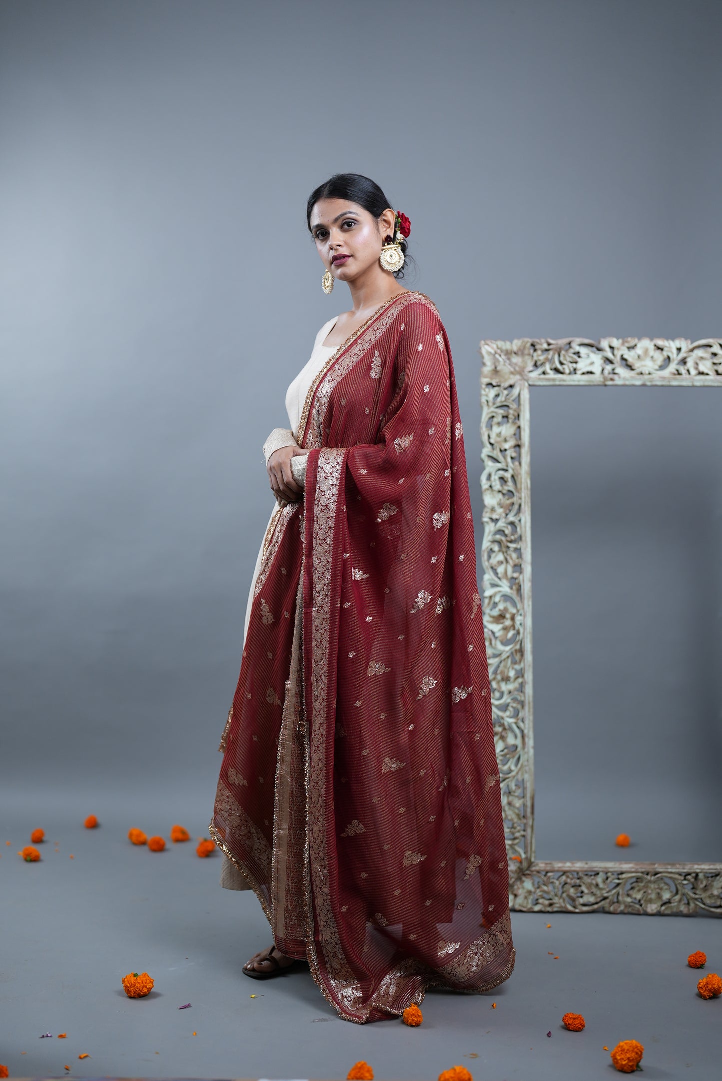 Kaashi Pure Silk Anarkali With Banarasi Dupatta - Ivory Anarkali with Maroon Dupatta