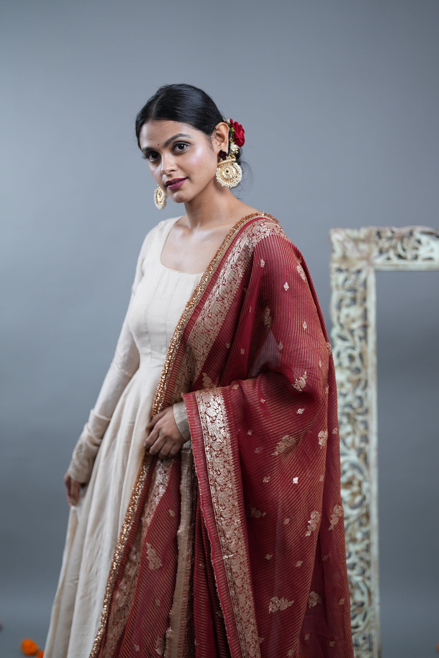 Kaashi Pure Silk Anarkali With Banarasi Dupatta - Ivory Anarkali with Maroon Dupatta