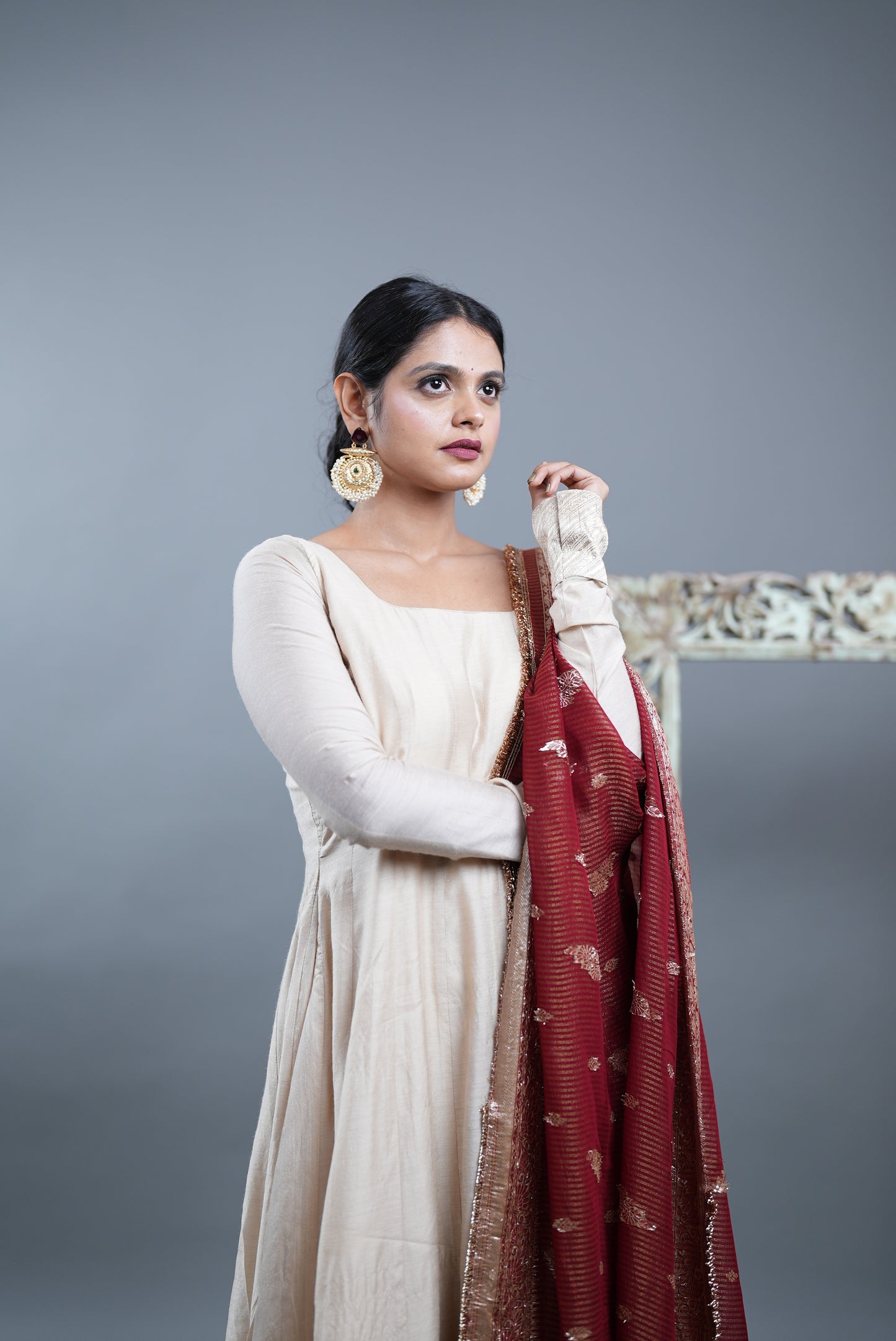 Kaashi Pure Silk Anarkali With Banarasi Dupatta - Ivory Anarkali with Maroon Dupatta