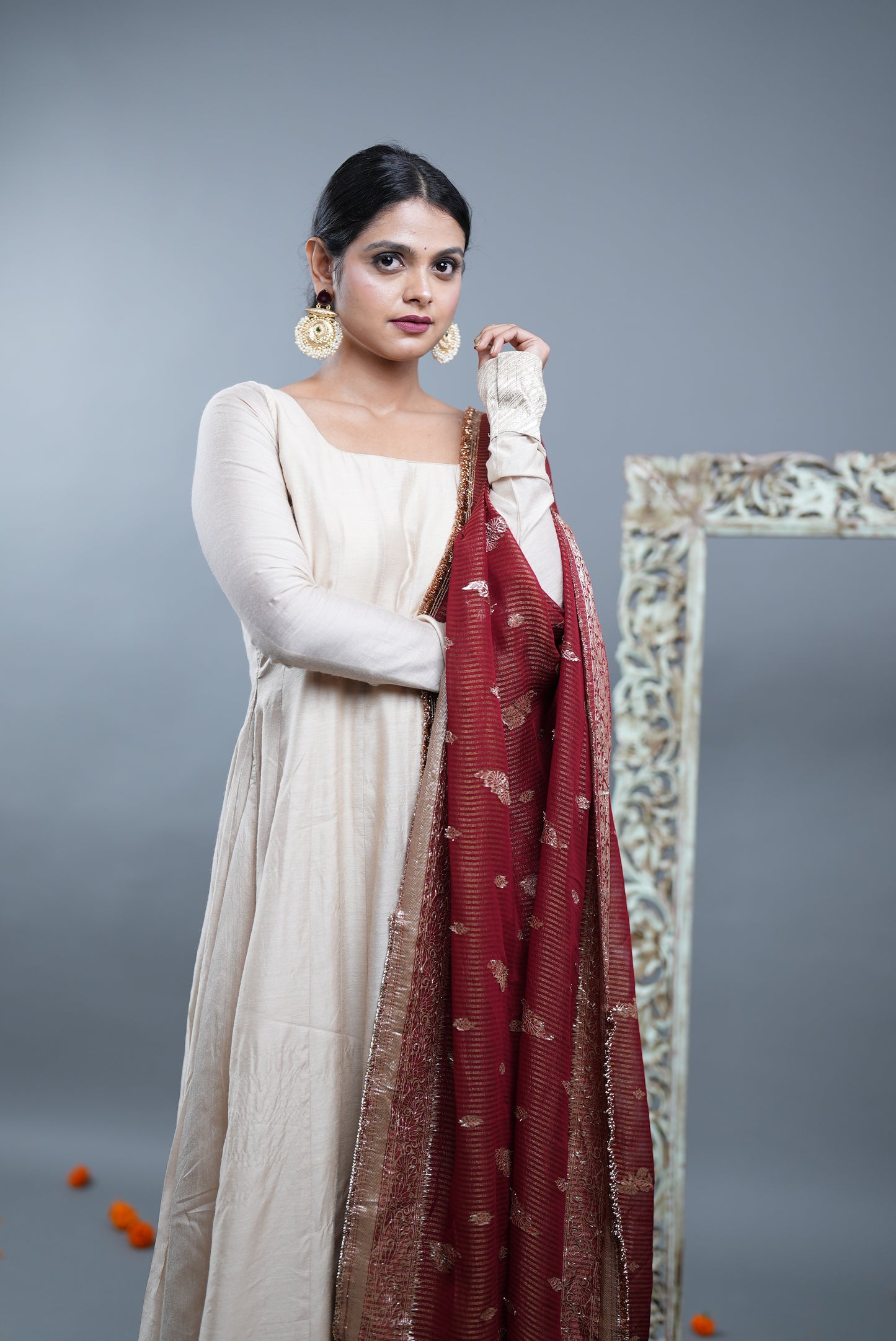 Kaashi Pure Silk Anarkali With Banarasi Dupatta - Ivory Anarkali with Maroon Dupatta