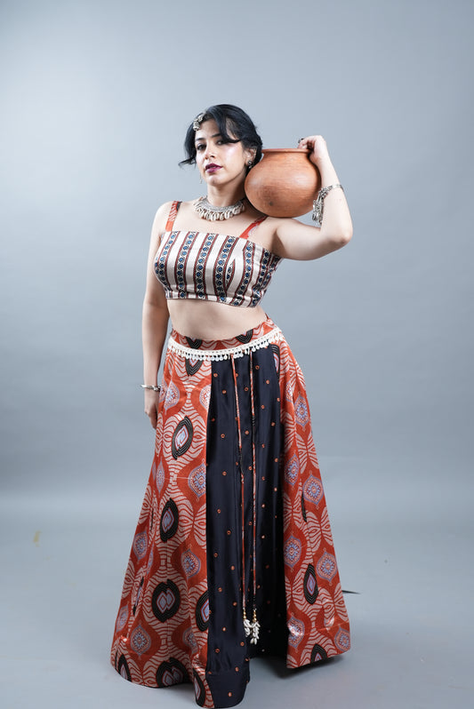 Ajrak Print 2 Piece Lehenga in Modal Silk - Orange