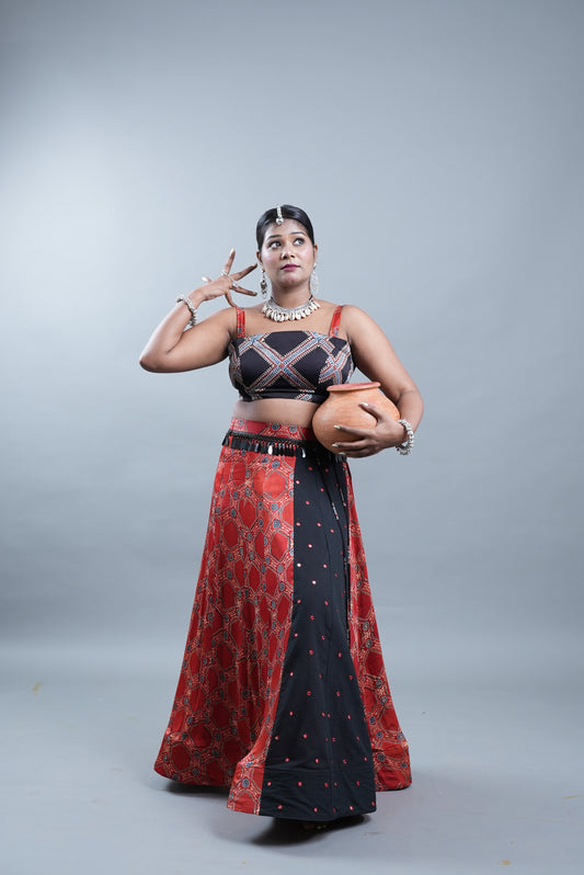 Ajrak Print 2 Piece Lehenga in Modal Silk - Rustic Red
