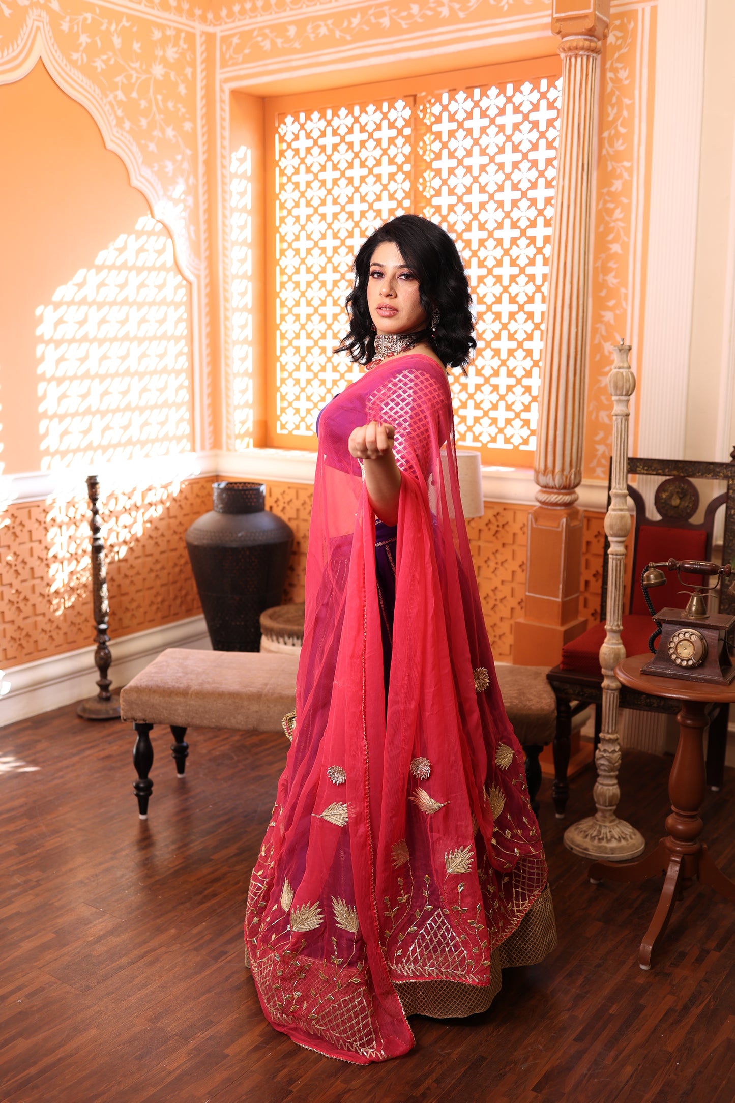 Deep Purple Chanderi Silk Lehenga with Fuchia Pink Dupatta