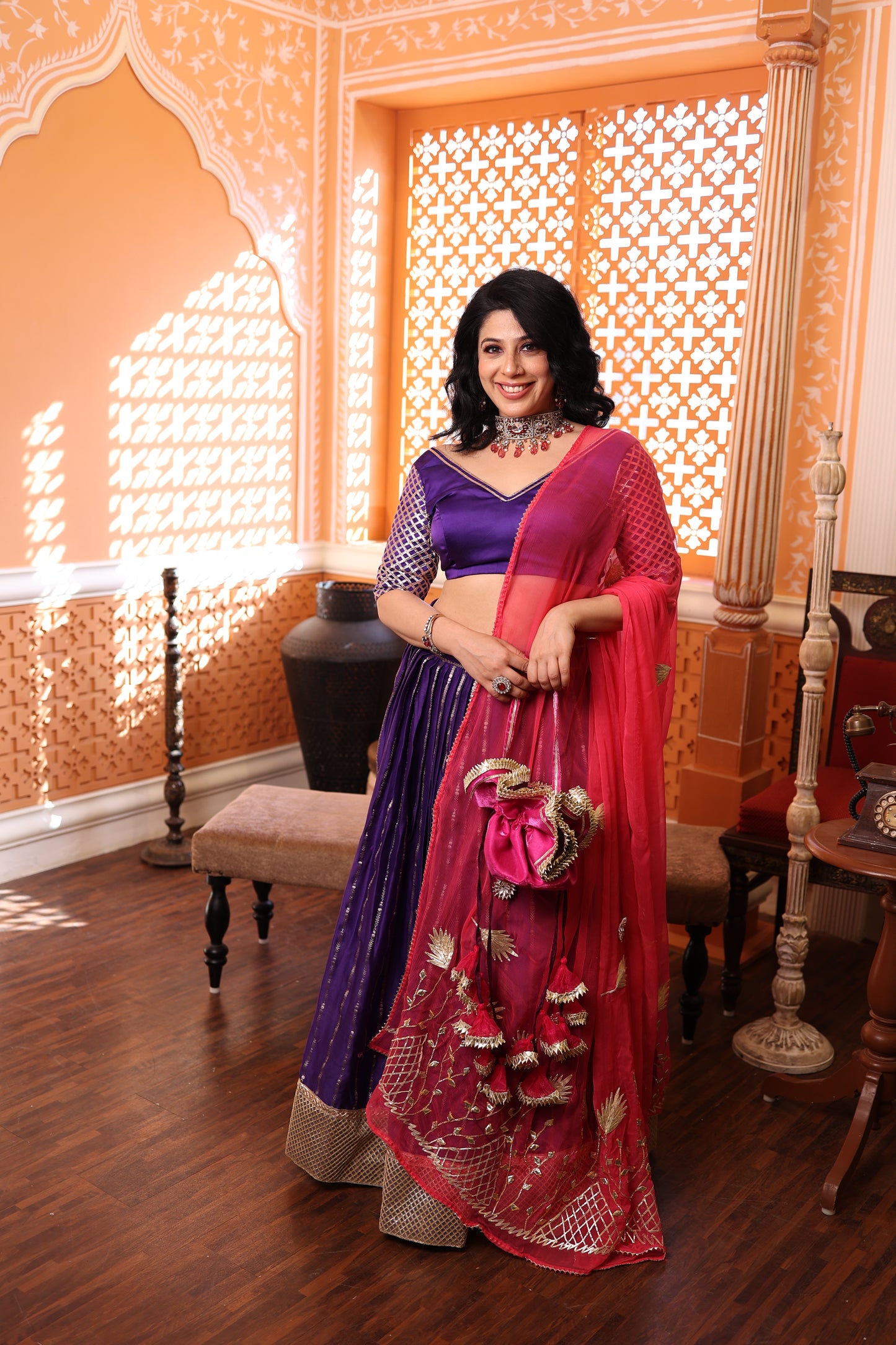 Deep Purple Chanderi Silk Lehenga with Fuchia Pink Dupatta