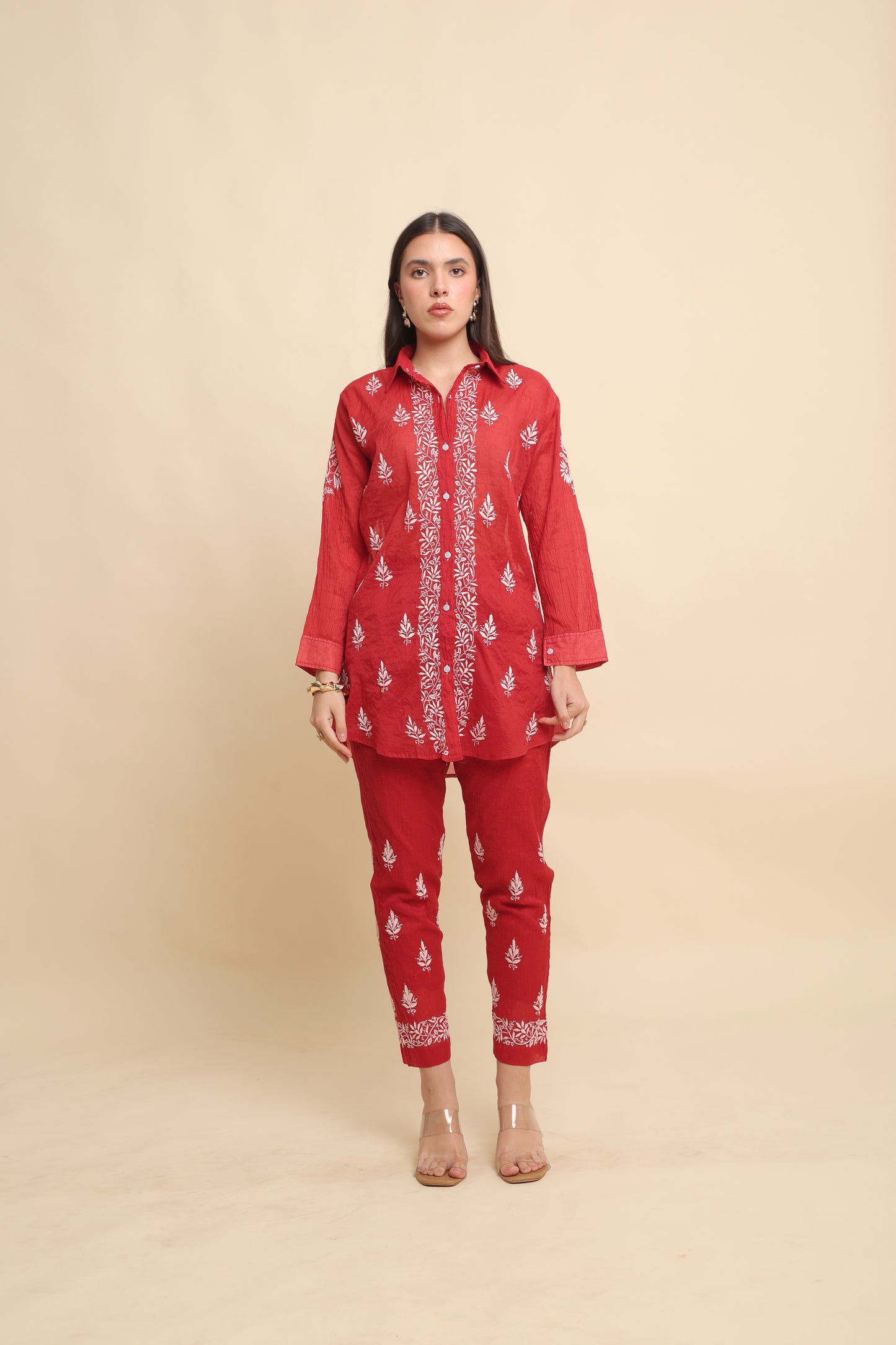 Chikankari Silk Co-ord Set Rustic Red