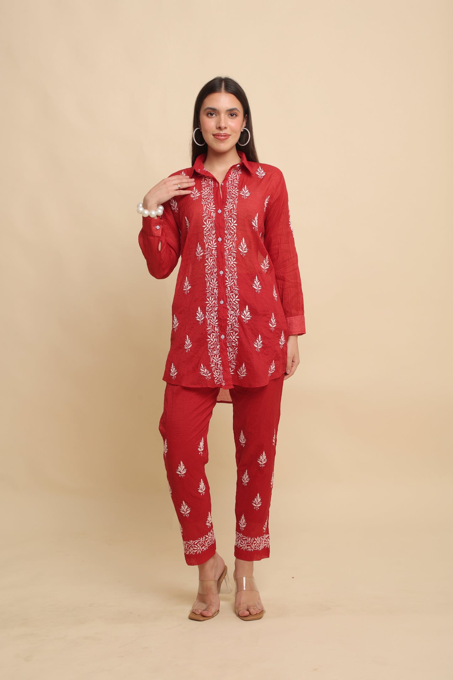 Chikankari Silk Co-ord Set Rustic Red