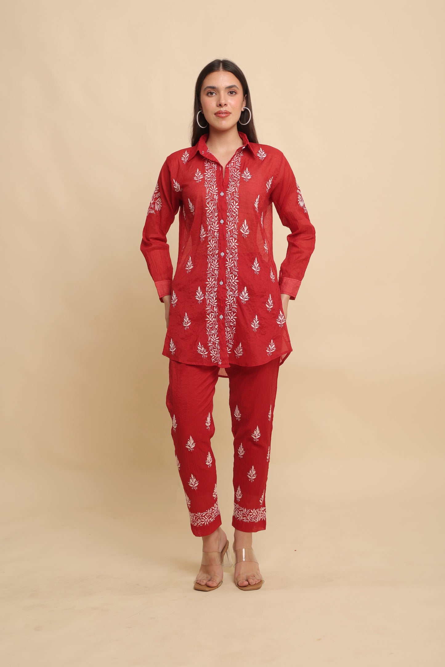Chikankari Silk Co-ord Set Rustic Red