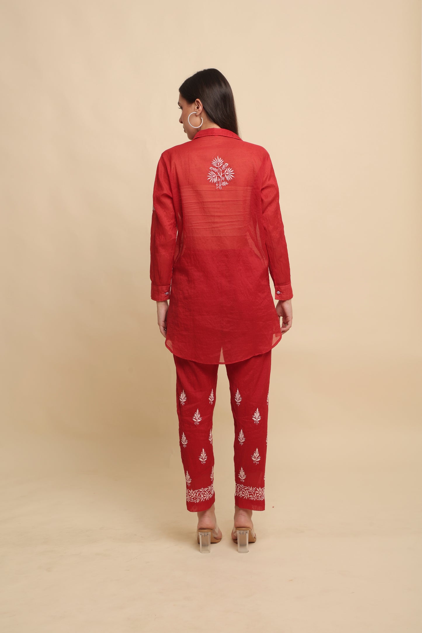 Chikankari Silk Co-ord Set Rustic Red