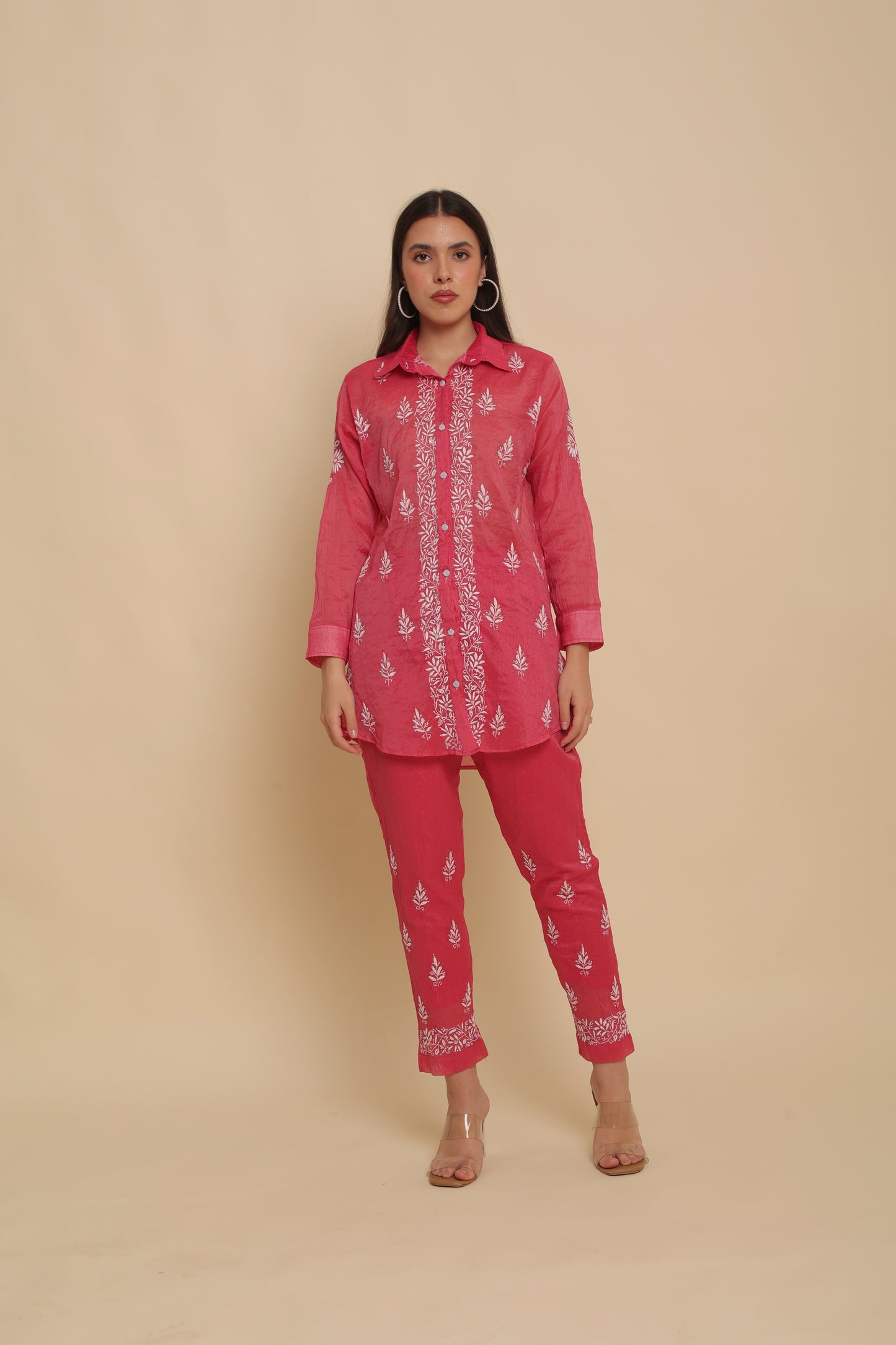Chikankari Silk Co-ord Set Fuchsia Pink