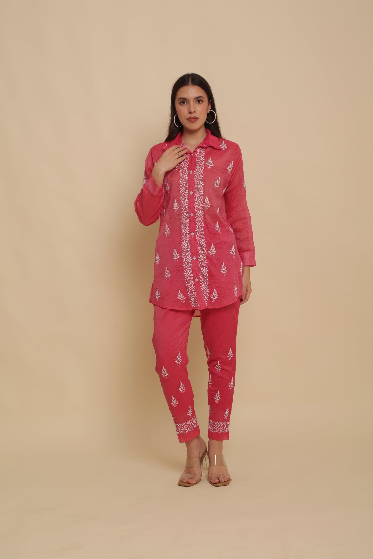Chikankari Silk Co-ord Set Fuchsia Pink