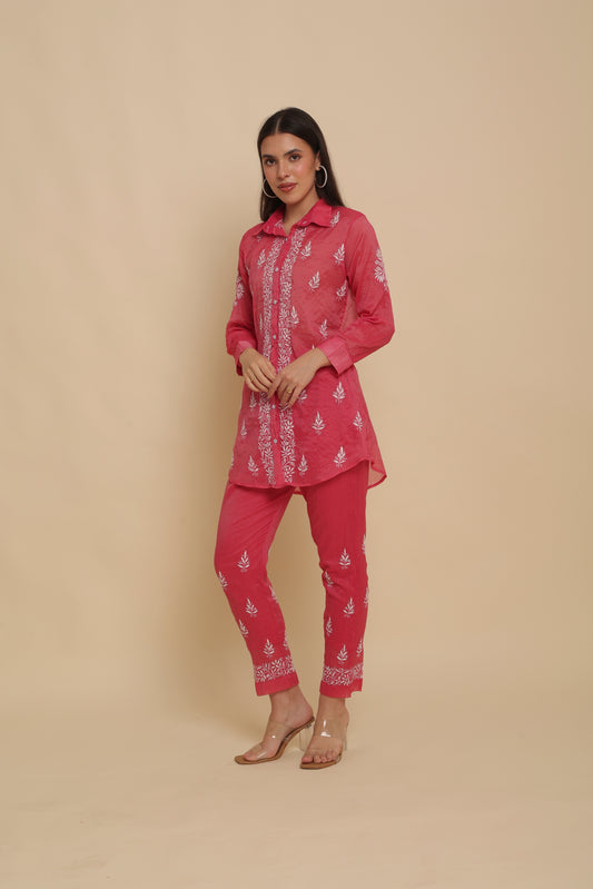 Chikankari Silk Co-ord Set Fuchsia Pink
