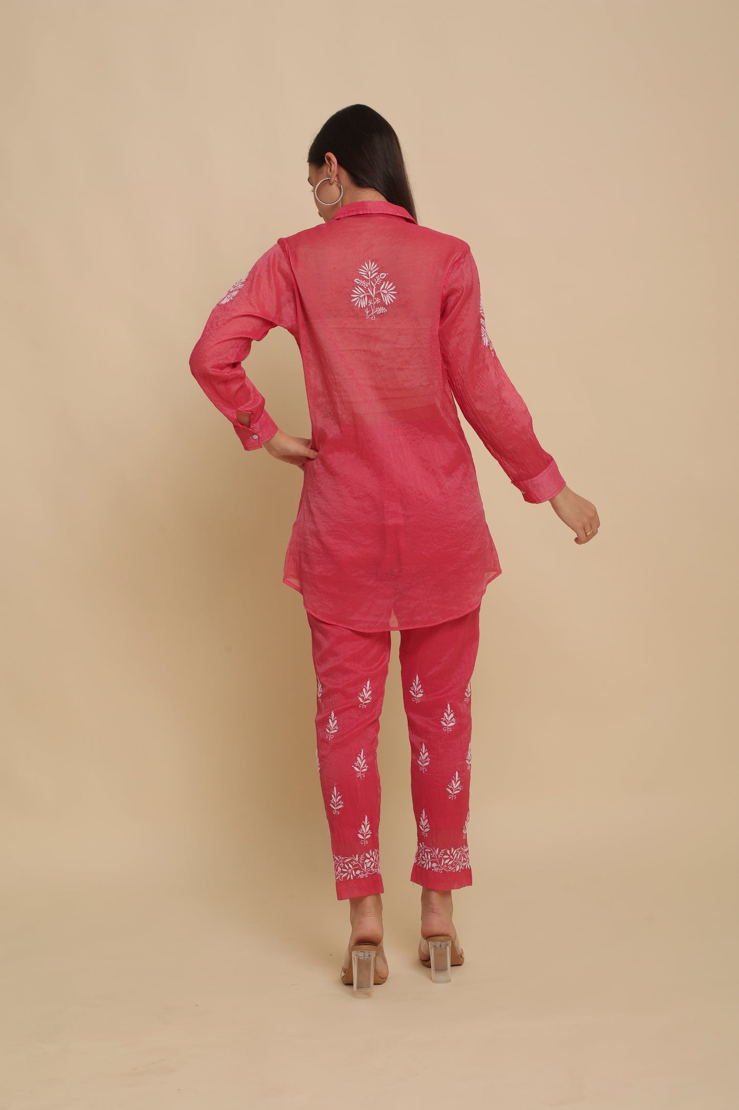 Chikankari Silk Co-ord Set Fuchsia Pink