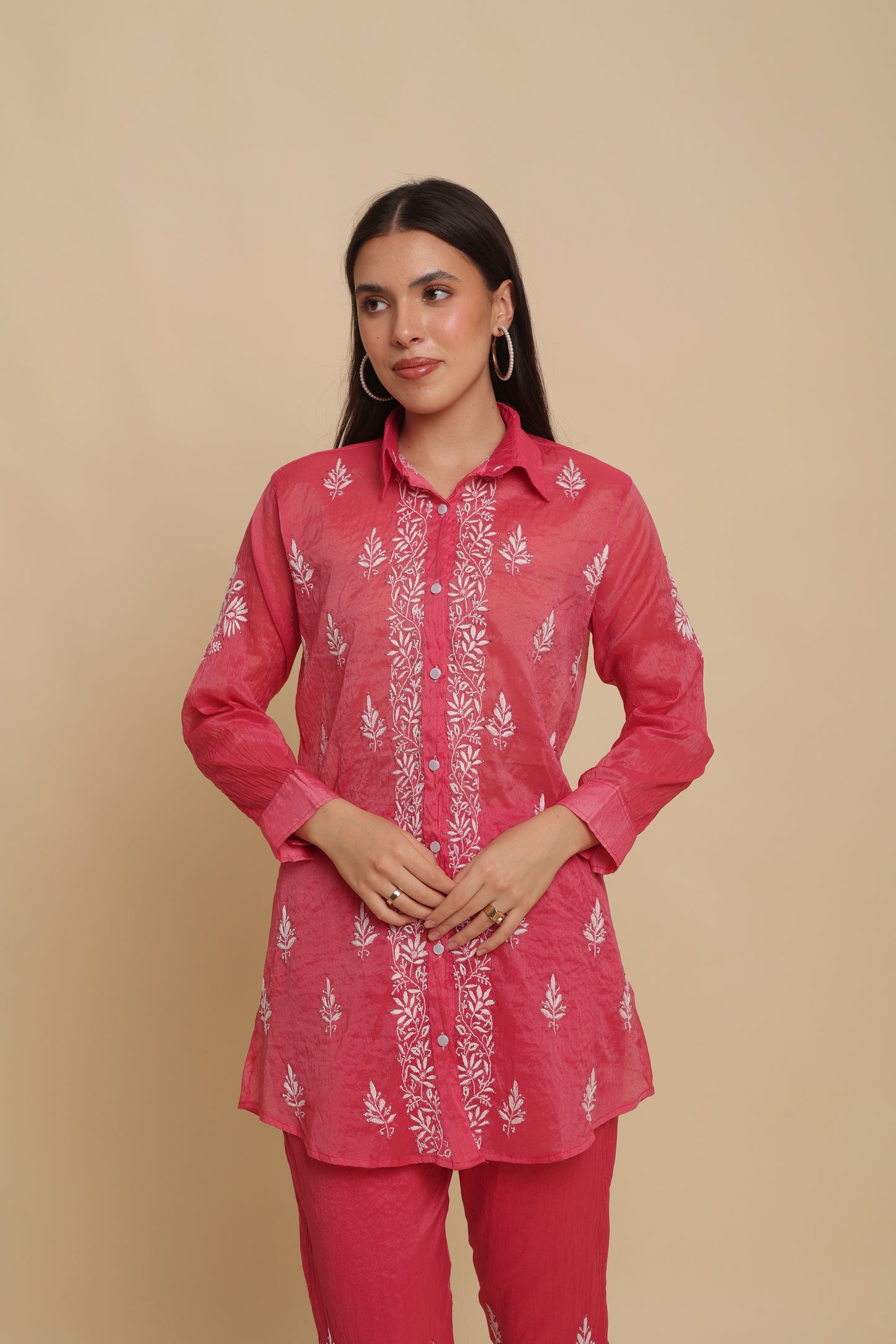 Chikankari Silk Co-ord Set Fuchsia Pink
