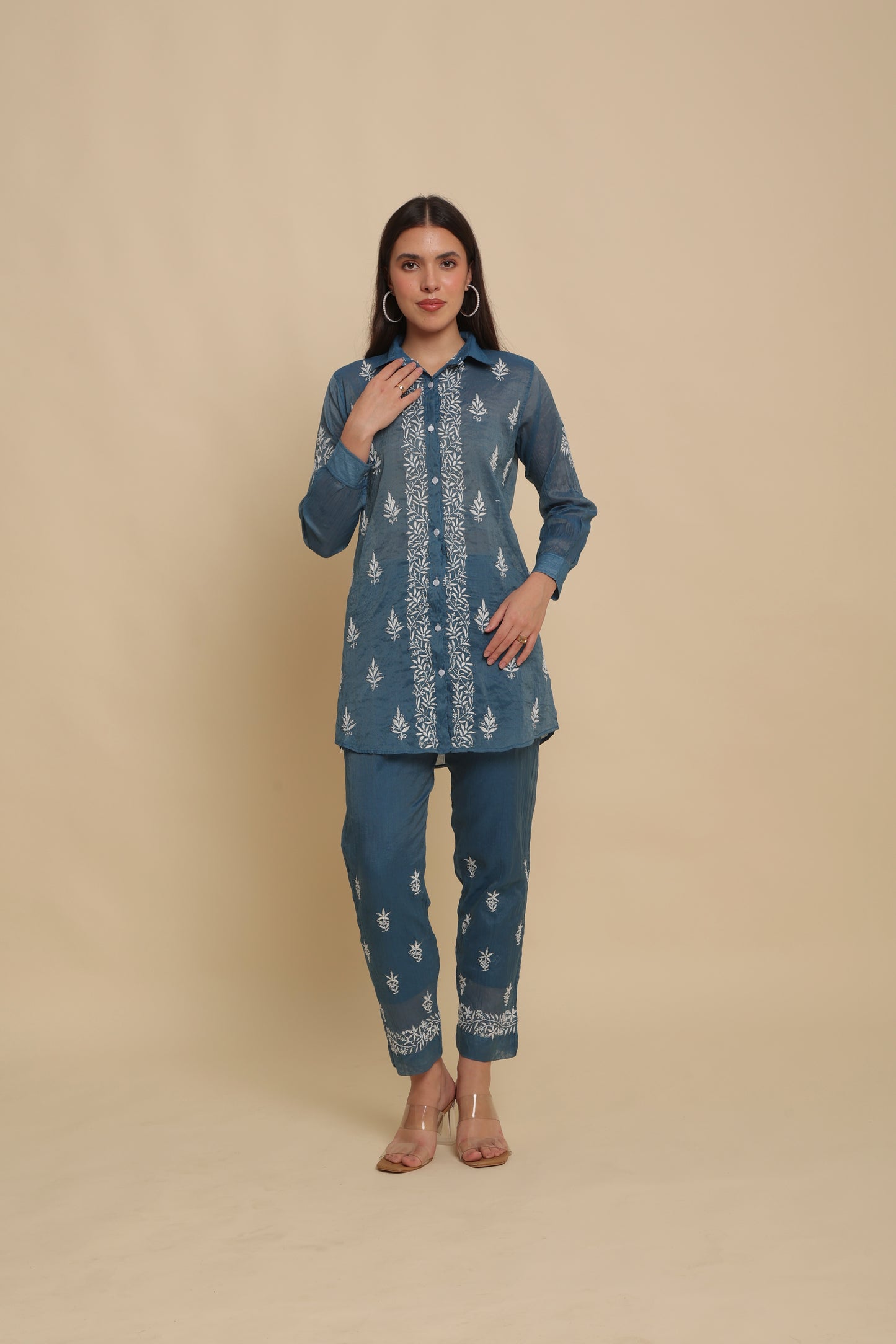 Chikankari Silk Co-ord Set Ink Blue