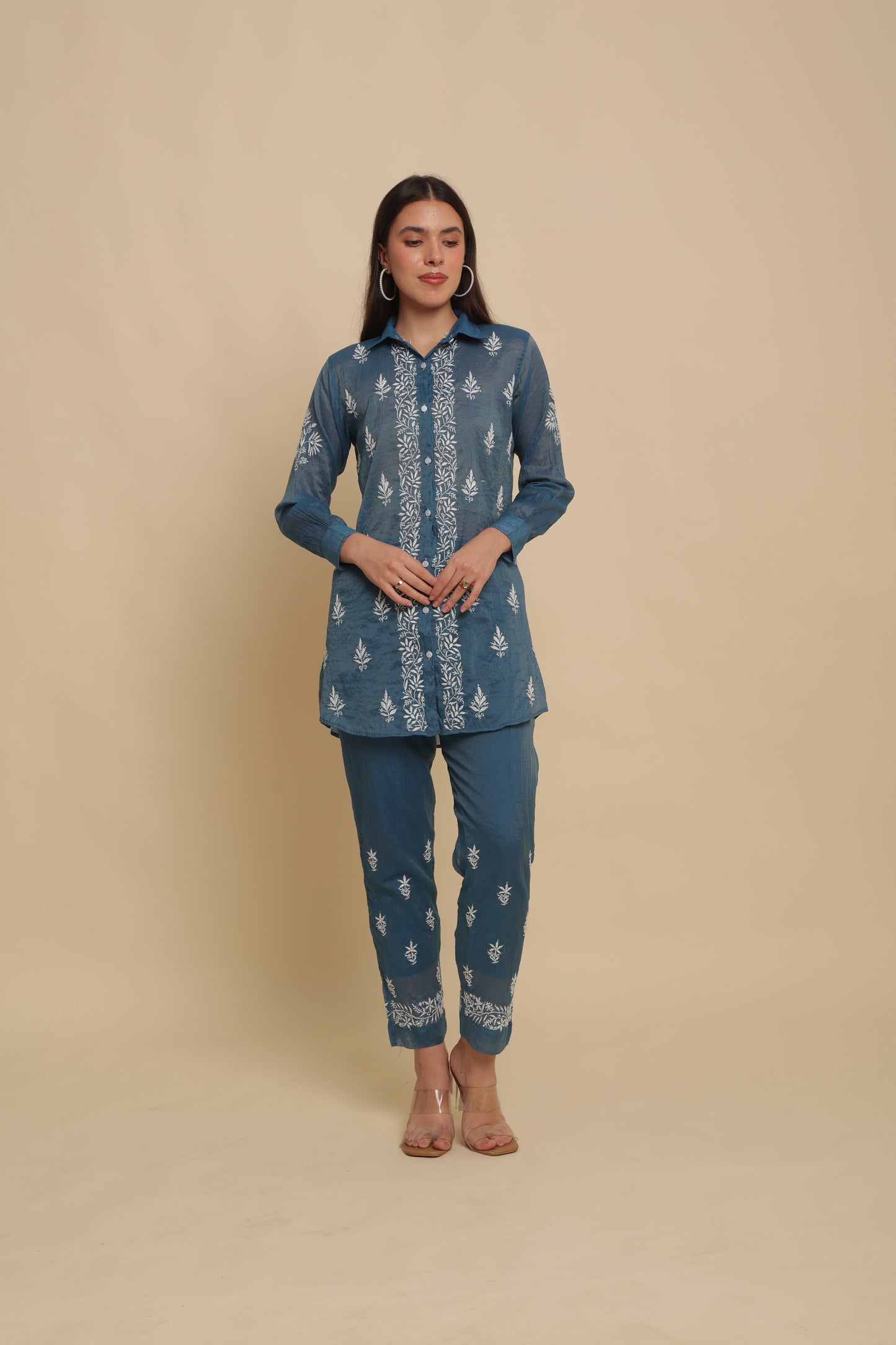 Chikankari Silk Co-ord Set Ink Blue