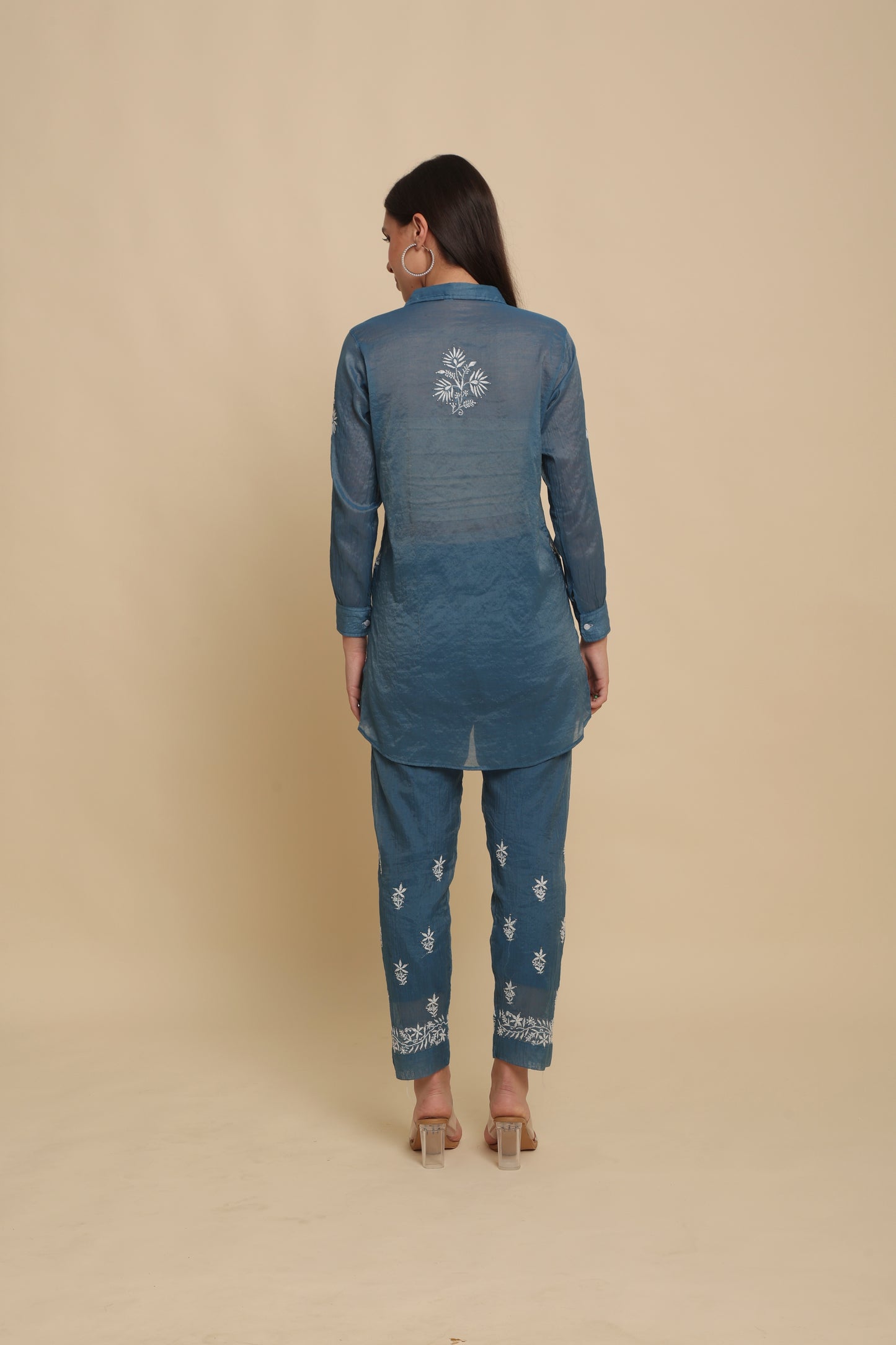 Chikankari Silk Co-ord Set Ink Blue