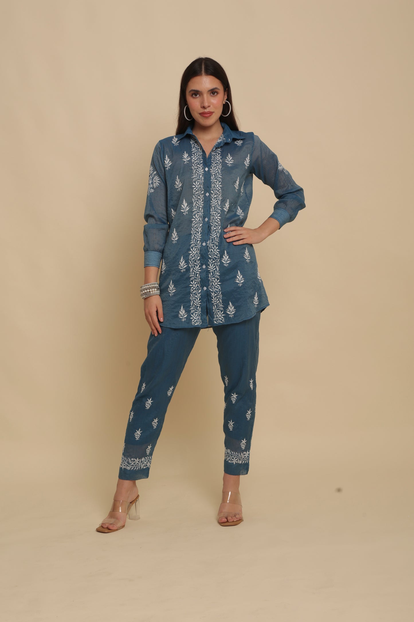 Chikankari Silk Co-ord Set Ink Blue