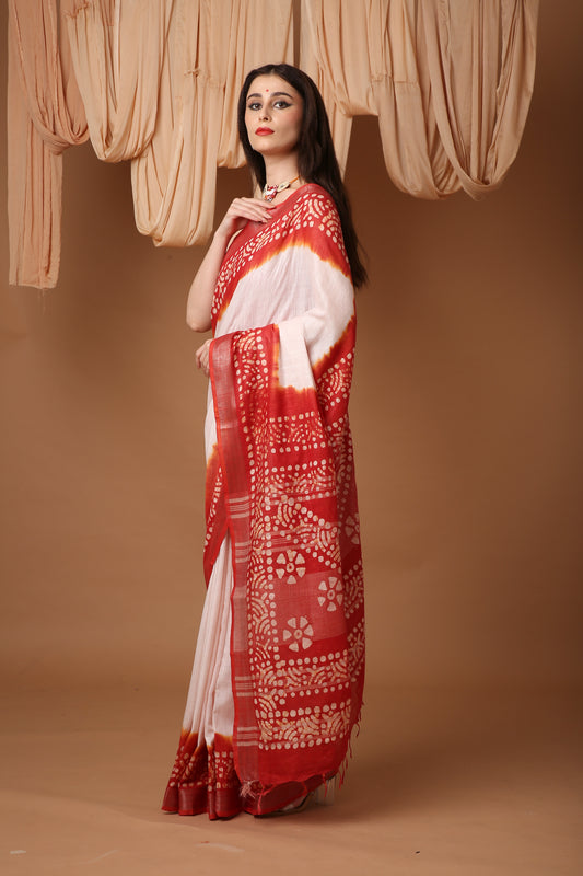 Bongsutra Saree- Bengali Linen Saree with Chapa Work