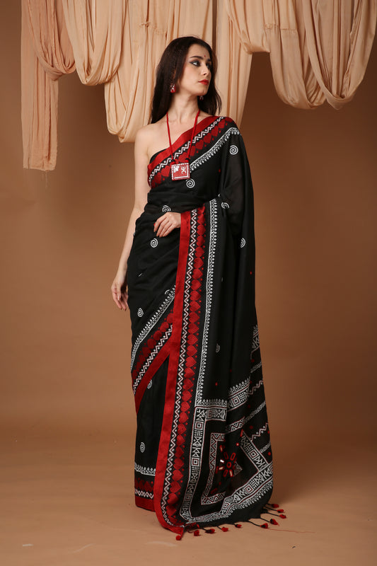 Bongsutra Saree- Bengali Linen Saree with Mirror and Chapa Work