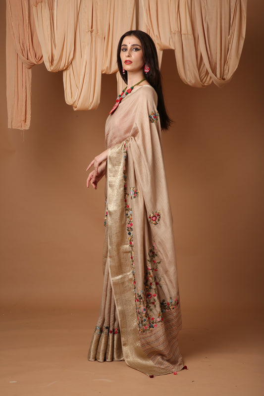 Ivory Silk Saree with Katha Hand Embroidery and Banarasi Zari Border