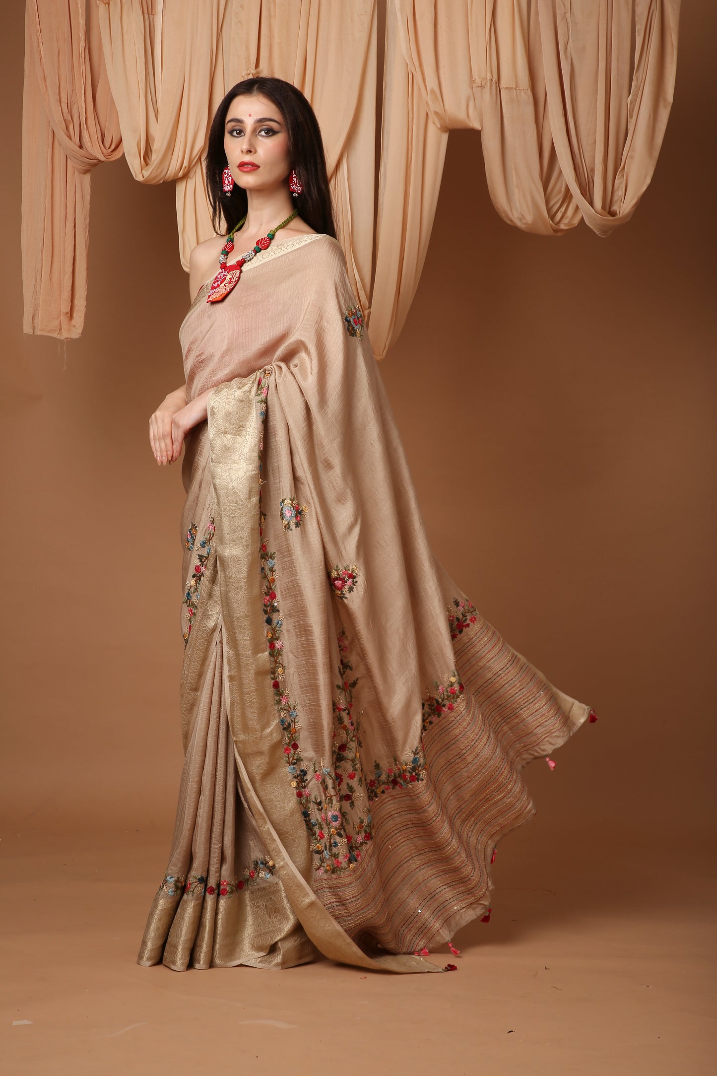 Ivory Silk Saree with Katha Hand Embroidery and Banarasi Zari Border