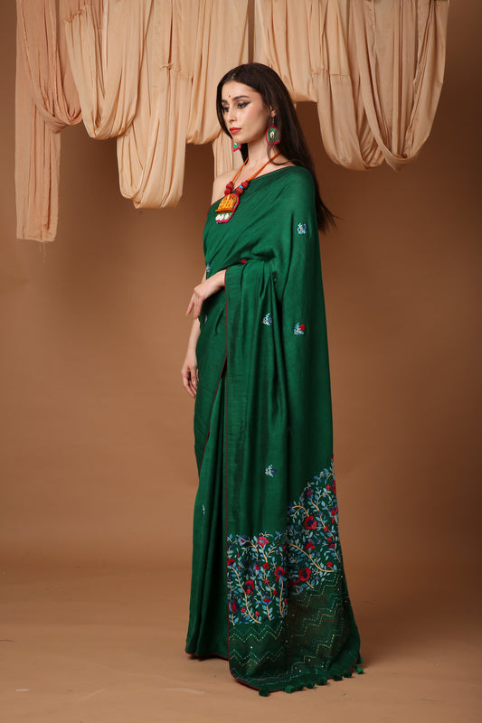 Lush Green Linen Silk Saree with Katha Work