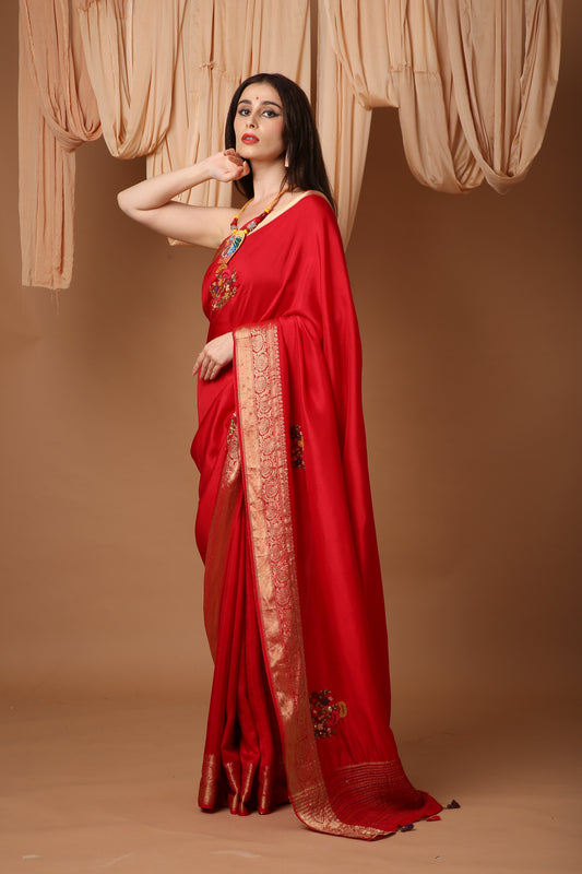 Red Silk Saree with Katha and Phulkari Hand Embroidery and Banarasi Zari Border