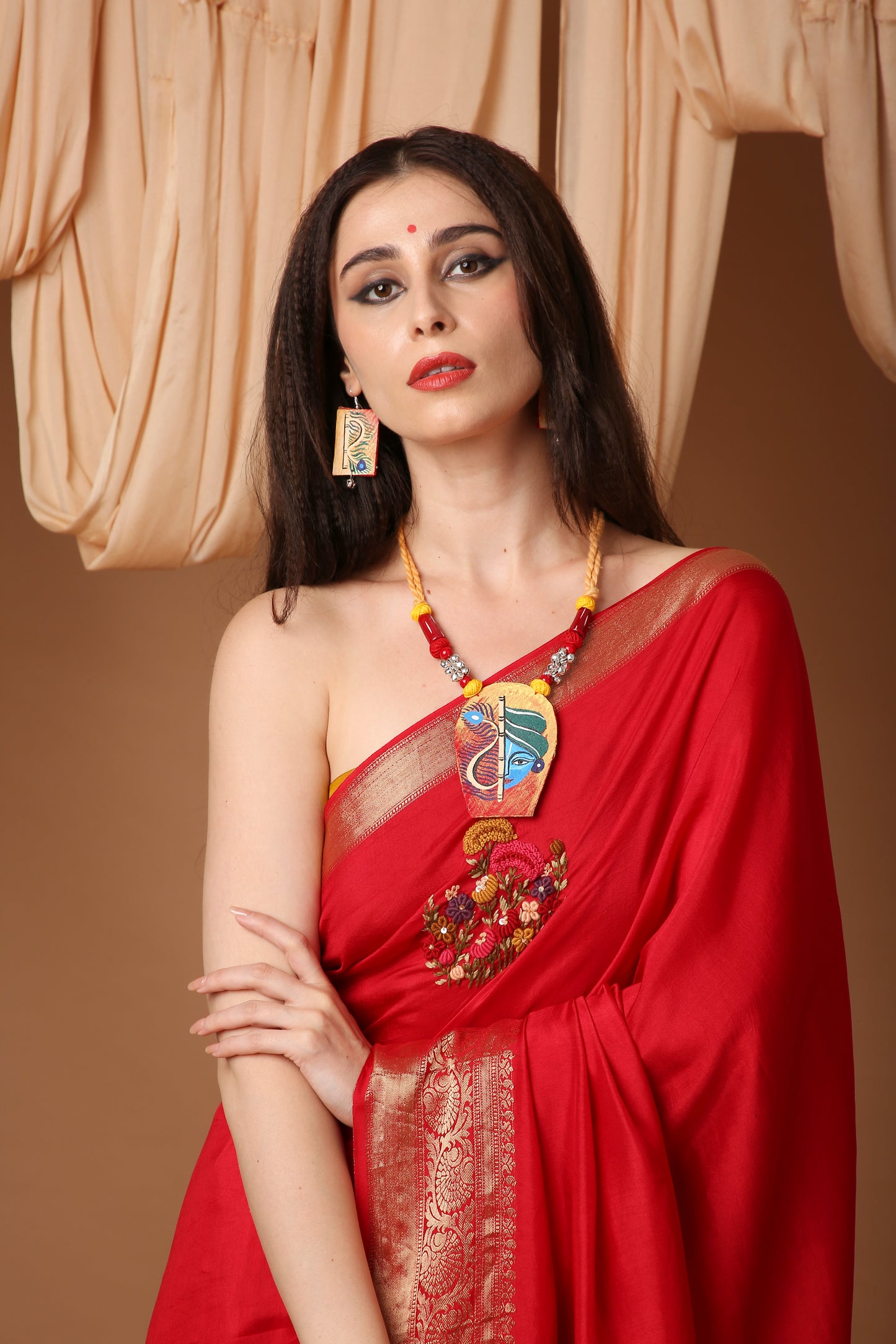 Red Silk Saree with Katha and Phulkari Hand Embroidery and Banarasi Zari Border