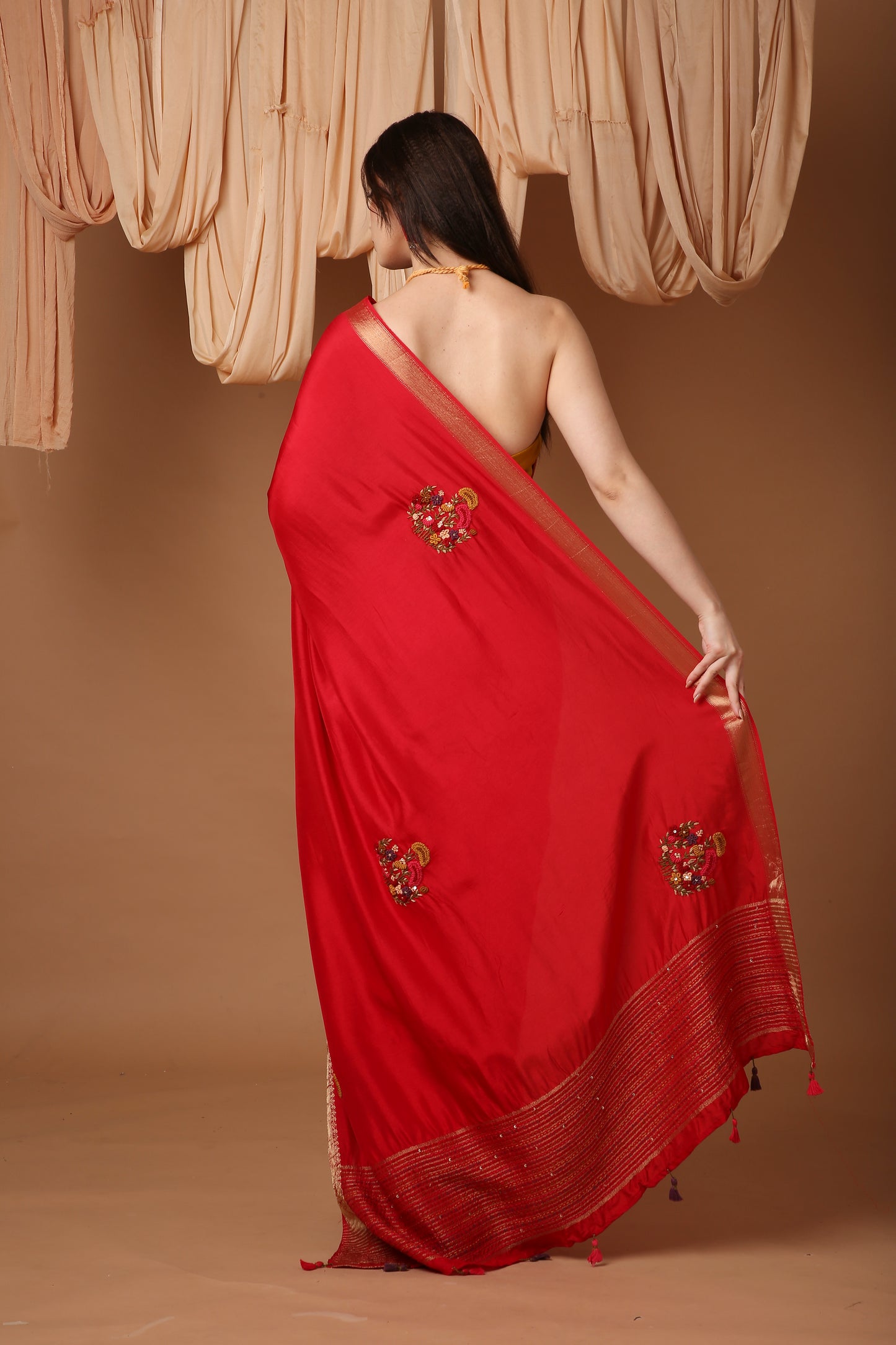 Red Silk Saree with Katha and Phulkari Hand Embroidery and Banarasi Zari Border
