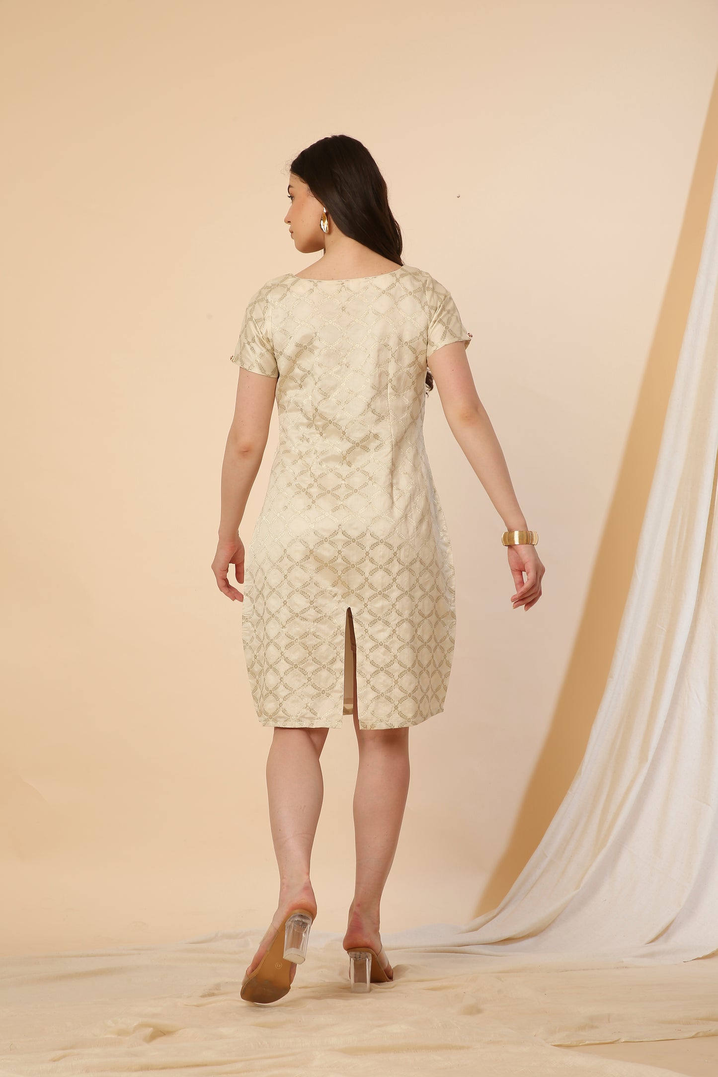 Off-white Indo-Western Banarasi Silk Bodycon Dress
