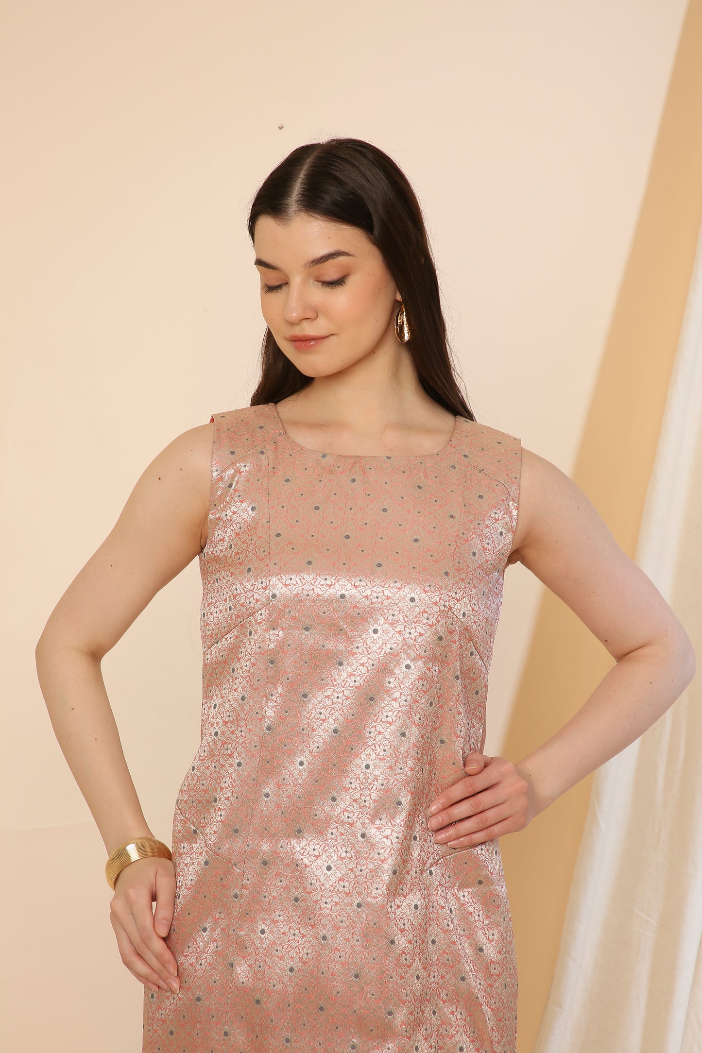 Peach Indo-Western Banarasi Silk Bodycon Dress
