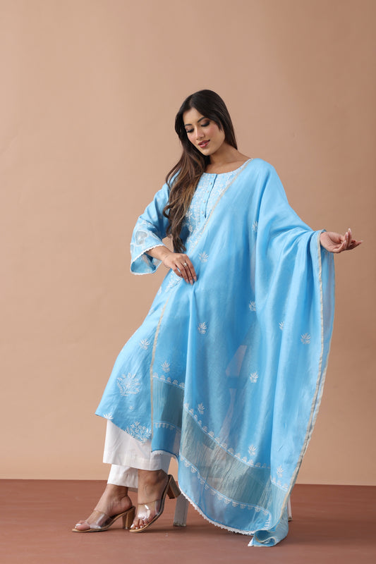 Sky Blue Chikankari Suit Set By SUTARA
