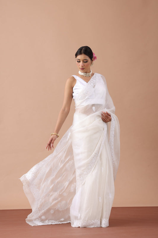 Chandani Pure Organza Silk Chikankari Saree
