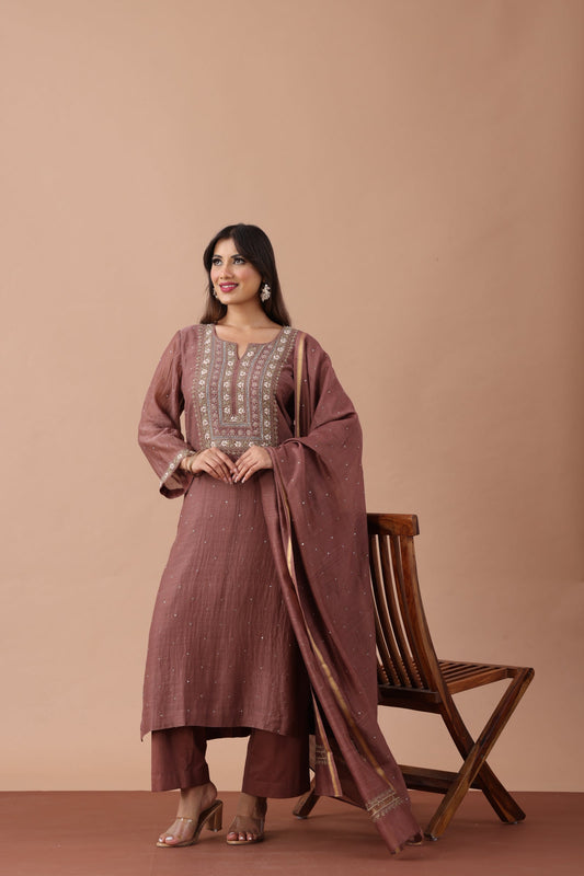 Brown Chikankari Suit Set By SUTARA