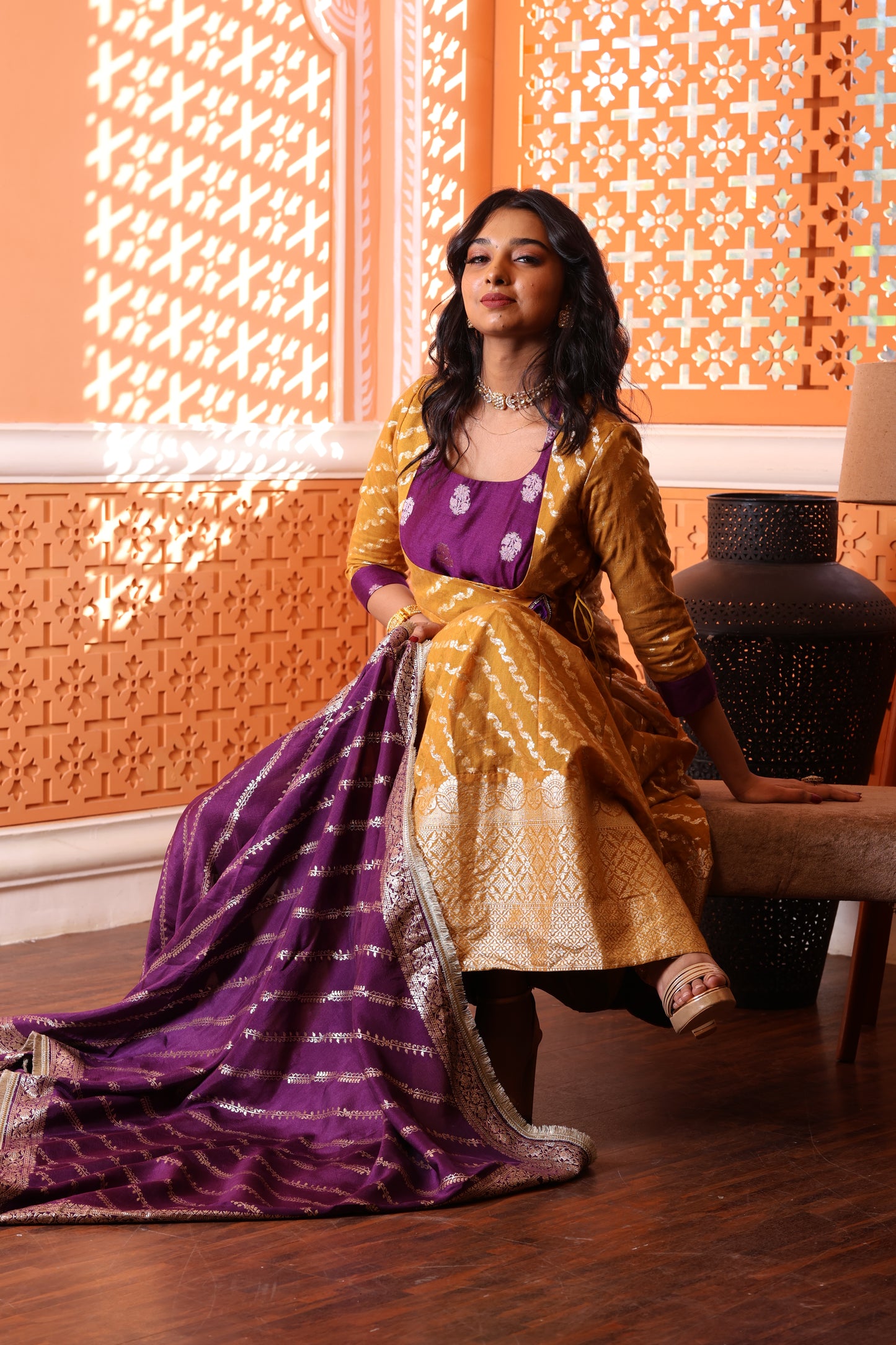 Regal Banarasi Angarkha Silk Suit with Zari Dupatta Crome Yellow