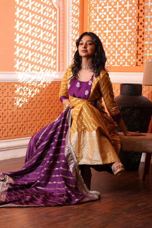 Regal Banarasi Angarkha Silk Suit with Zari Dupatta Crome Yellow