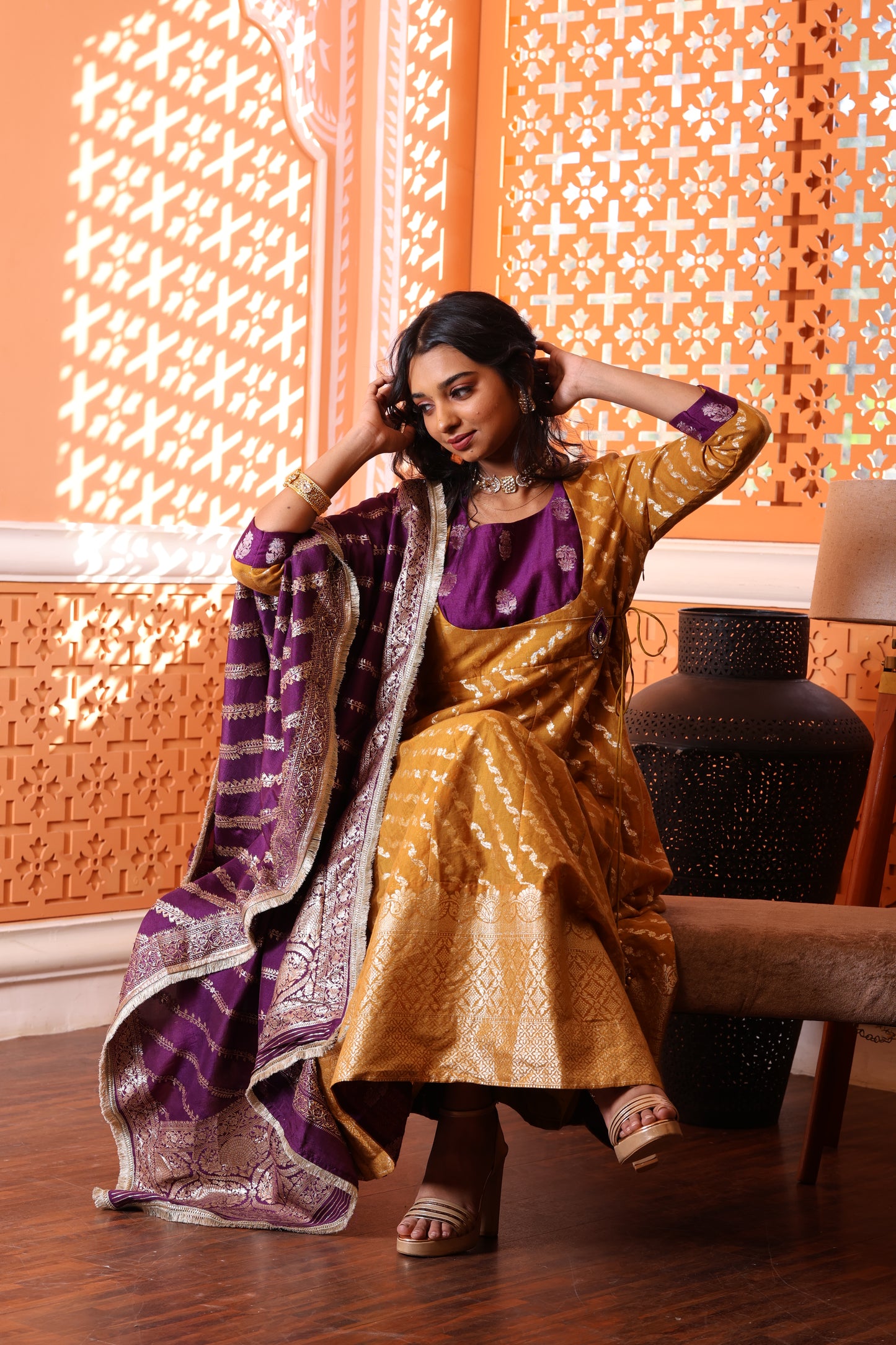Regal Banarasi Angarkha Silk Suit with Zari Dupatta Crome Yellow