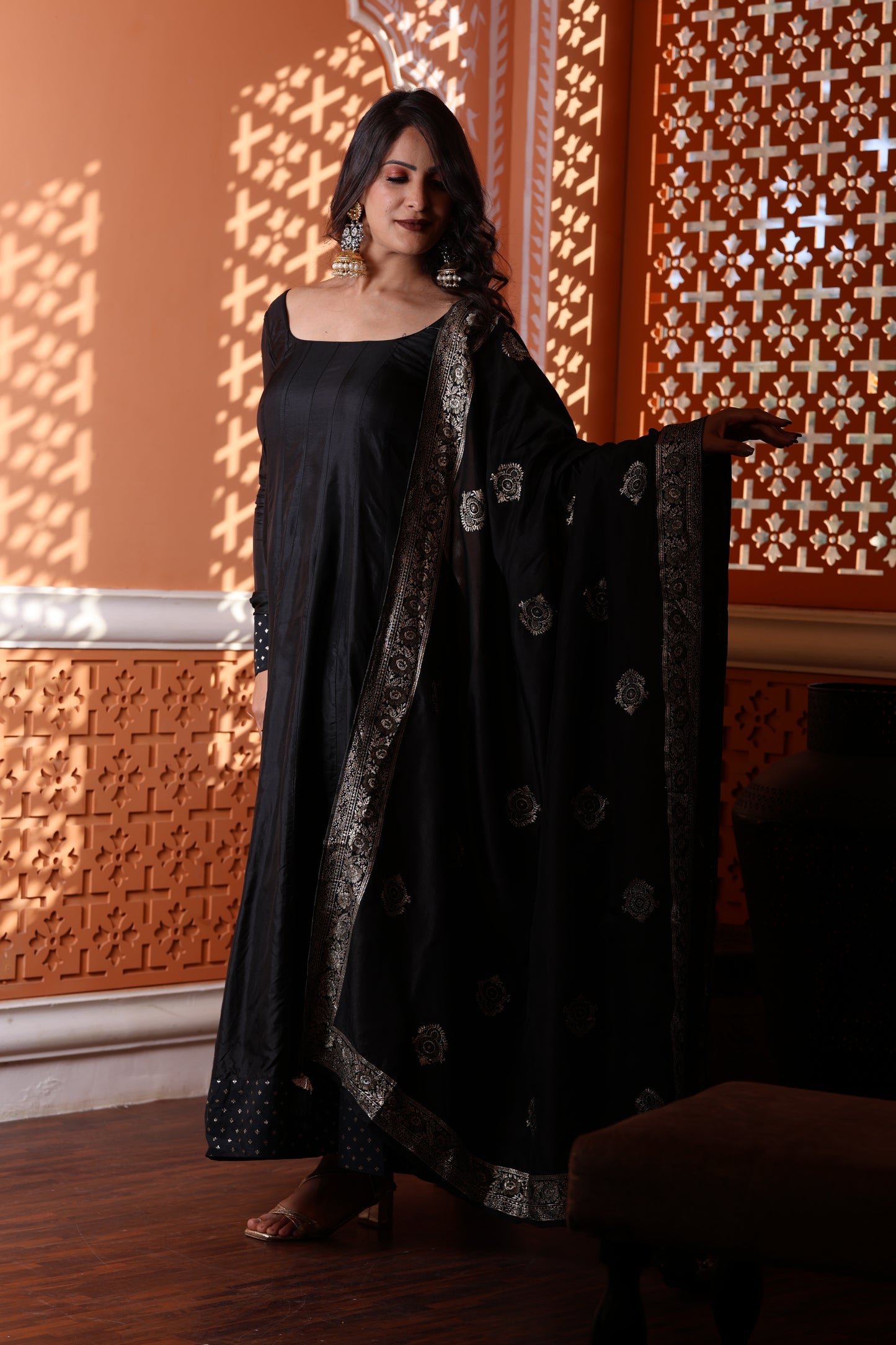 Kaashi Pure Silk Anarkali With Banarasi Dupatta - Black with Golden Zari Border